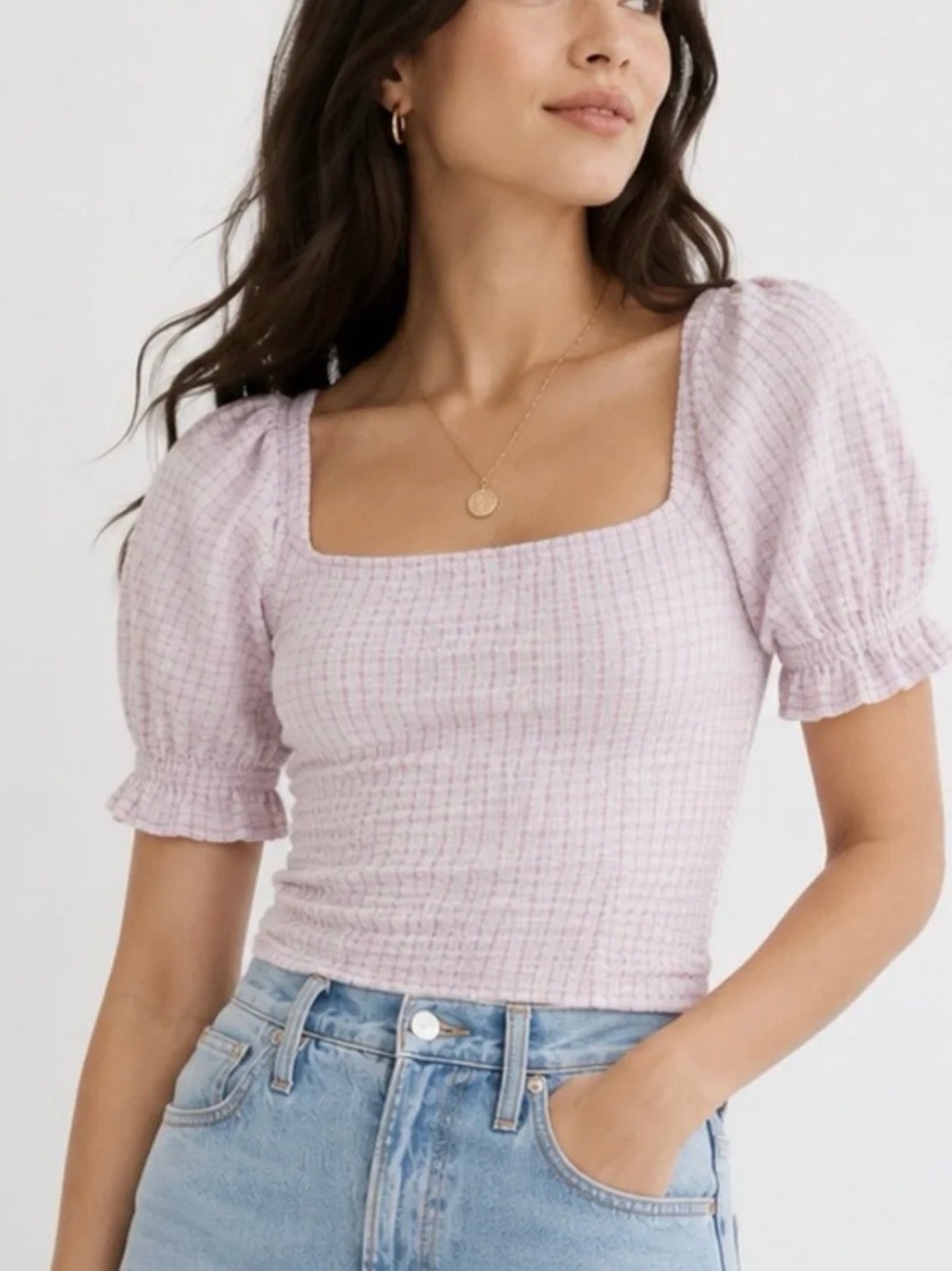Madewell Seersucker Hopewell Puff Sleeve Crop Top Plaid Purple L